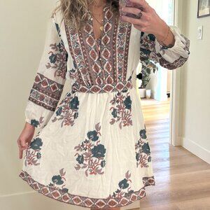 Boho Belted Midi Dress | Ivory Rust Teal Floral Print